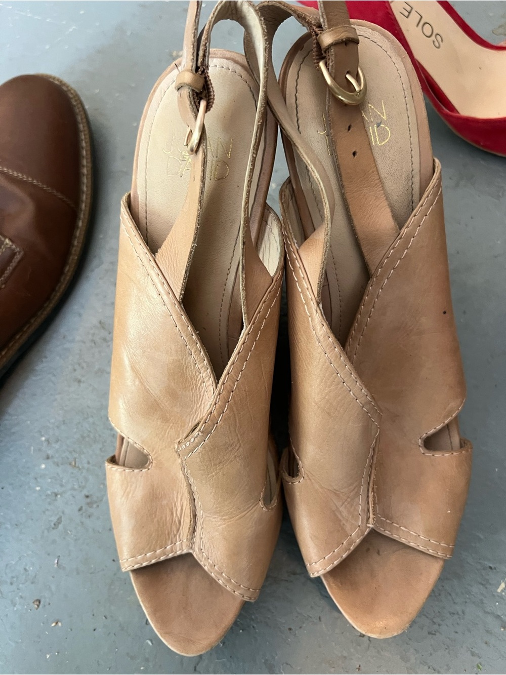 Tan Leather Slingback Peep-Toe Sandals